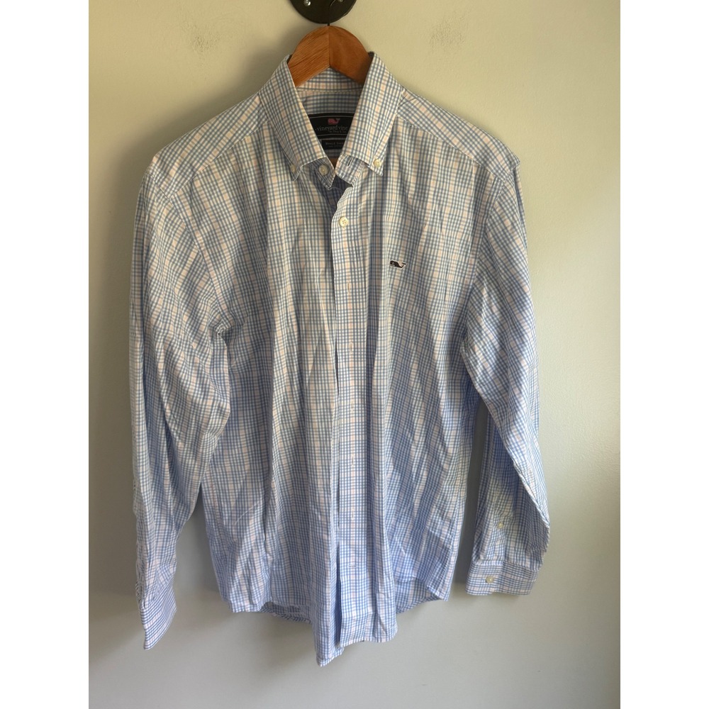 Lot of 2 Vineyard Vines Whale Shirts Mens Small Blue Brown Gingham Check Cotton